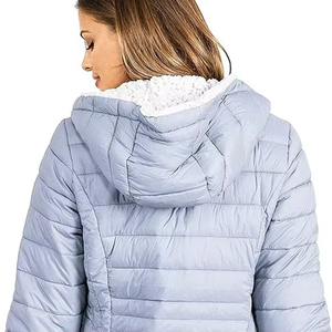 Women's Light Blue Quilted Jacket With Faux <b>Fur</b> Lined Hood Zipper Closure Full Sleeve Winter Warm Coat Regular Length - Product Image 5
