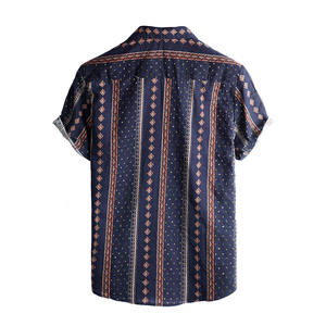 เสื้อเชิ้ตแขนสั้นสไตล์ฮาวายสำหรับผู้ชาย ลายทางสีน้ำเงิน ปกคอพับ ผ้าป๊อปลินทอระบายอากาศได้ดี เหมาะสำหรับฤดูร้อน - Product Image 3