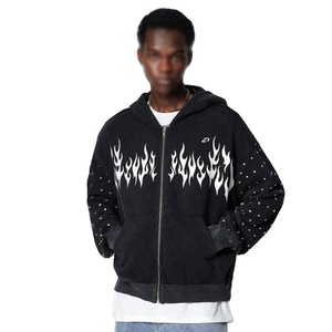 Flame Graphic Zip Hoodie Cotton Fleece Oversized Streetwear Rhinestone Sleeve Detail Hoodies for Men Private Label OEM - Product Image 1
