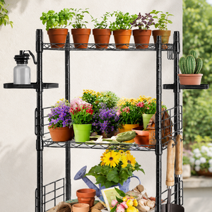 Estante de Metal Negro para Plantas de Jardín con Ruedas y Estantes para Almacenamiento de Macetas en Patio, Soporte de Exhibición para Uso en Exteriores - Product Image 5