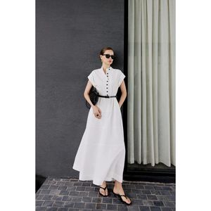 Vestido Maxi de Verano de Color Liso con Cuello Mandarín y Dobladillo Acampanado, Manga Corta, Botones Delanteros, Corte A, Tejido, para Oficina y Vacaciones [V9072] - Product Image 2