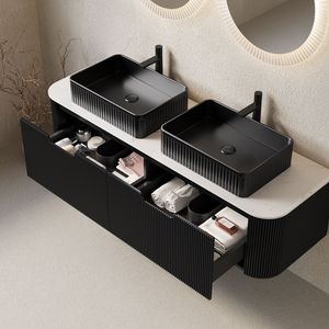 Mobile bagno sospeso DINA da 60 pollici con bordi curvi, mobiletto a 2 cassetti a righe e 2 lavabi neri - Product Image 2