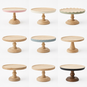 Support à gâteau en bois naturel fait main, sur mesure, pour la vente en gros, plateau rond élégant avec bord rose peint, service de haute qualité - Product Image 2