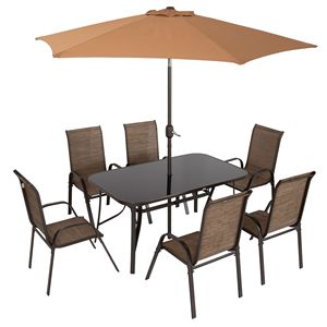 Ensemble de meubles de patio 8 pièces avec parasol de 9 pieds, table et chaises de salle à manger d'extérieur, marron clair - Product Image 1