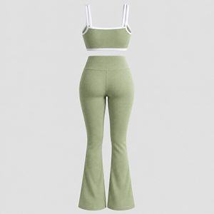 Green Ribbed Double Strap Cami Bralette Flare Yoga <b>Pants</b> Contrast Piping High Waisted Bootcut Women <b>Dance</b> Bell Bottom Set - Product Image 2
