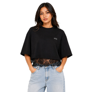 Women's Oversized Boxy Cropped Blouse Luxury Lace Stitching Drop Shoulder women's shirt 100% Cotton Short Sleeve Casual Top DTG - Product Image 1