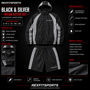REXFIT SPORTS 2026 Custom Mens Black <b>Silver</b> Nylon Tracksuit 2 Piece Hooded Zip <b>Jacket</b> Shorts Set Private Label Sportswear - Product Image 1