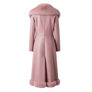 Manteau long unisexe élégant et décontracté en cuir véritable épais, col montant, ourlet en fourrure de renard, hiver, manches longues, couleur unie, coupe-vent - Product Image 6