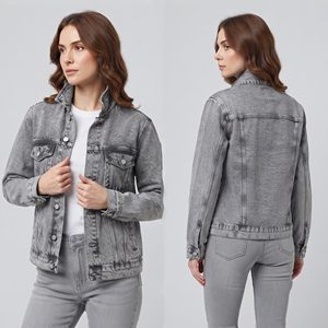 Fashion Denim Jacket Women Stand Collar Long Sleeve Jeans Button Down Jackets Outwear Washed Denim Trucker Jacket Women's - Product Image 1