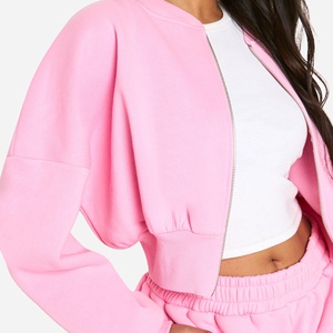 Women's <b>Pink</b> Two-Piece <b>Tracksuit</b> <b>Set</b> Crop Top With Zipper Full Sleeve Knitted Polyester Regular Fit Solid Color Casual Wear - Product Image 1