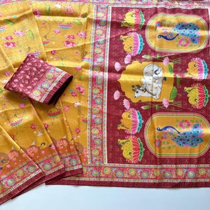 VASTRA COTTAGE Saree de Seda Suave con Jacquard Jari en Toda la Prenda y Estampado Digital Kalamkari, Saree de Diseño con Blusa con Ribete Doori - Product Image 1