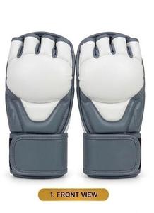 Gants de MMA en cuir PU gris, demi-doigts, équipement d'entraînement de boxe avec support de poignet en velcro - Product Image 2