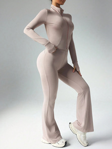 "Solid Color Women's Yoga Set Long Sleeve Zipper Top High Waisted <b>Flared</b> Pants Quick Dry Fitness Activewear OEM ODM" - Product Image 2