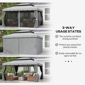 10FT X 13FT Patio Gazebo with Aluminum Frame Double <b>Roof</b> Outdoor <b>Canopy</b> Shelter with Netting and Curtains Gray for Villa Park - Product Image 4