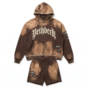 Ensemble de survêtement décontracté épais en coton 100% à séchage rapide avec broderie de perles, sweat à capuche zippé effet délavé soleil et short à cordon de serrage (lot de deux) - Product Image 1