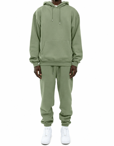 Ensemble de survêtement à capuche vert olive pour homme, 100 % coton, manches longues, coupe décontractée, couleur unie, sweat-shirt à cordon et pantalon de jogging - Product Image 1