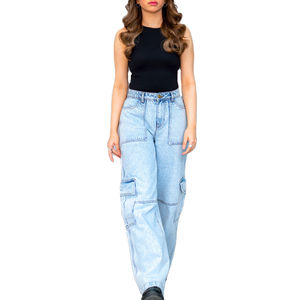 Pantalones Cargo de Mezclilla para Mujer, Estilo Casual, con Bolsillos Grandes, Pierna Recta, Técnica Lavada, para Verano, Servicio OEM - Product Image 1