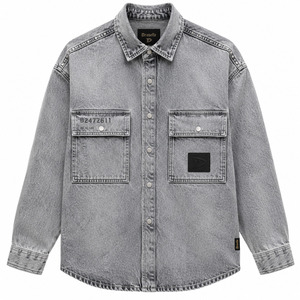 Mineral Wash Jean Utility <b>Jacket</b> Slouchy Hip Hop Urbanwear Over Shirt With Studded Shoulder Flap Pockets - Product Image 3