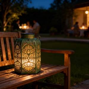 Solar Metal Lantern Outdoor Vintage <b>Moroccan</b> Style Decor Iron Candle Holder Green Patterned <b>Light</b> Garden Patio Home Decoration - Product Image 1