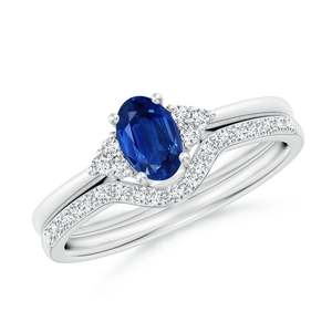 Conjunto nupcial de oro macizo de 14 quilates con zafiro azul ovalado y diamantes, hecho a mano, joyería fina personalizada para boda y compromiso. - Product Image 1
