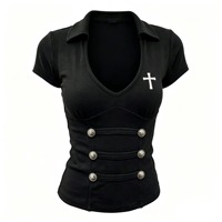 T-shirt court corset Y2K vintage pour femme, col en V, broderie croix gothique, coupe ajustée, boutons métalliques, manches courtes, streetwear