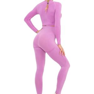Stretchy Set Yoga Outfit Long Sleeve Crop Top High Waist <b>Seamless</b> <b>Leggings</b> Bright Pink Long Sleeve Set - Product Image 2