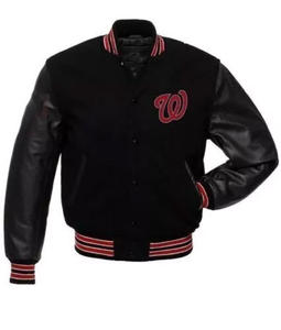 Chaqueta Varsity Personalizada de Lana Negra para Hombre, con Mangas de Cuero y Parche Rojo con Letras, Chaqueta Bomber, Uniforme de Béisbol al por Mayor - Product Image 1