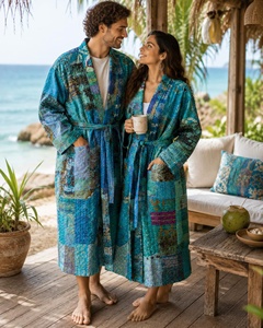 Kimono Acolchado Kantha de Seda con Estampado Floral Vintage, Hecho a Mano con Parches, Manga Larga, Cierre con Cordón, Cárdigan 100% Algodón - Product Image 1