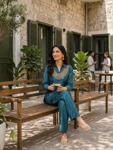 Ensemble indien pakistanais brodé, chemisier uni, pantalon, vêtements de détente pour femmes, tenue Salwar Kameez - Product Image 2