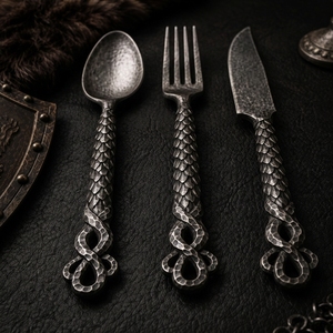 Cuchara, tenedor y cuchillo de acero forjado a mano, utensilios de comedor duraderos para acampar, viajar y uso diario, juego de cubiertos medieval - Product Image 6