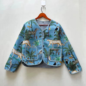 Block Printed Quilted Eco-Friendly Reversible Winter Bomber <b>Jacket</b> Floral Print Handmade Cotton Coat - Product Image 1