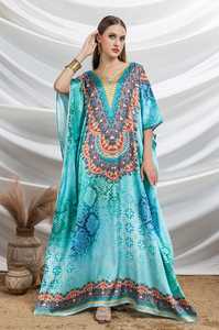 Wholesale Designer Turkish Style <b>Kaftan</b> Kurta Women Polyester Handmade Batwing Sleeves V Neck Regular Fit Flared Hem Ramadan - Product Image 5