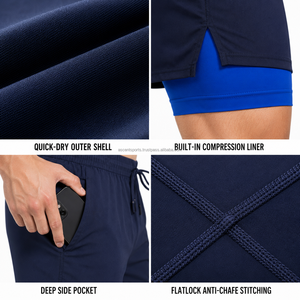 Custom Embroidered Logo <b>Layered</b> Workout Shorts Soft Microfiber Blend Spandex Inner Liner Back Zipper Pocket OEM Sports New - Product Image 4