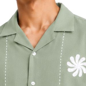 เสื้อเชิ้ตคิวบาคอปกสีเขียวเซจอ่อน แขนสั้น ลายปักดอกไม้สีขาว ผ้าฝ้ายลินิน ติดกระดุม ลำลอง สำหรับฤดูร้อนและชายหาด - Product Image 5