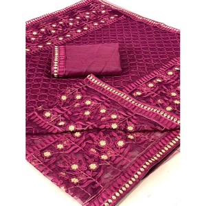 PARTY WEAR EMBROIDERY WORK <b>SAREE</b> WITH UNSTITCHED BLOUSE <b>PURPLE</b> - Product Image 1