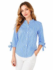 Camisa de mujer rosa a rayas con botones, manga larga, corte holgado, de popelina de algodón, blusa informal para primavera/verano, combina con pantalones blancos. - Product Image 4