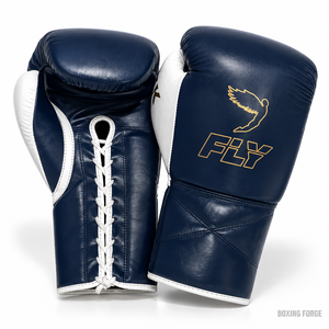 Gants de boxe en cuir Fly pas chers, vente en gros, gants d'entraînement lacés, bleu, blanc, logo or, équipement de boxe pour adultes - Product Image 1