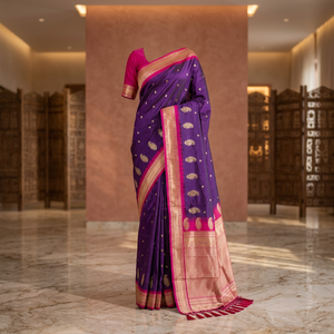 Sari en soie Banarasi violet avec bordure rose et travail de tissage Zari, avec un pallu riche, style traditionnel indien pour femmes - Product Image 4