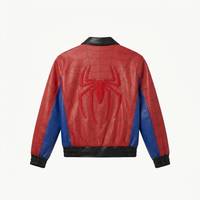 Blouson en cuir rouge inspiré de Spider-Man pour homme, style moto zippé, col rabattable, design à thème, idéal pour l'automne