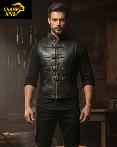Veste en cuir noir Champ King pour homme avec col montant et fermeture éclair - Product Image 4