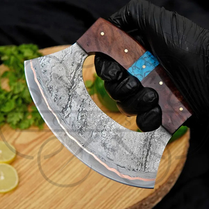 Couteau Ulu artisanal en acier inoxydable avec manche en bois et incrustation turquoise, léger et multifonctionnel pour la cuisine - Product Image 2