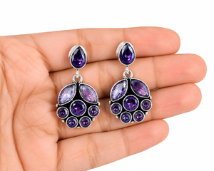 Boucles d'oreilles pendantes en forme de fleur d'améthyste, plaquées argent antique, oxydées, faites à la main |   Bijoux Bohèmes en Grappe |   Cadeau pour femme bohème - Product Image 6