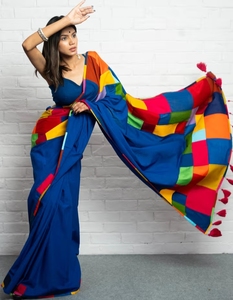 Sari Azul Moderno de Rayón Tejido KV sin Blusa para Fiesta, Reversible, Antiarrugas, de Secado Rápido, para Otoño - Product Image 2