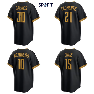 Camiseta de Béisbol para Hombre SPOFIT, Negra con Estampado Dorado, Transpirable, de Poliéster, Manga Corta, Corte Regular, Nombre del Equipo en la Espalda, Logotipo, para Adultos, para Todas las Temporadas - Product Image 1