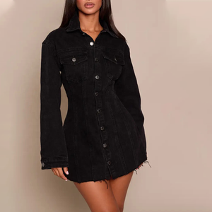 Summer Sexy <b>Black</b> Denim Shirt <b>Dress</b> Full Sleeve Turn-down Collar Mini Casual Women's <b>Dress</b> Solid Color <b>Button</b> Front A Line <b>Dress</b> - Product Image 1
