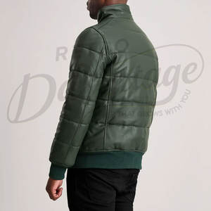 Blouson matelassé en cuir vert forêt pour homme, col montant, doudoune d'hiver en similicuir rembourrée avec bordures côtelées - Product Image 2