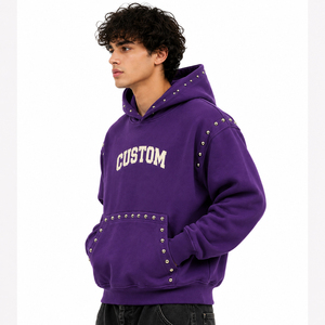 Sudadera con Capucha Oversize Morada de Sarga con Tachuelas y Estampado de Letras Personalizado, Bolsillo Delantero, Ropa de Otoño para Hombre, Estilo Urbano - Product Image 4