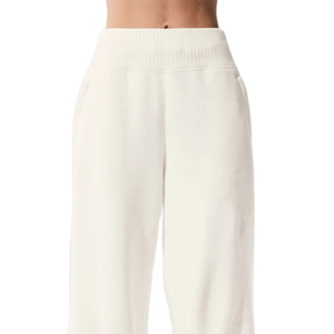 High <b>Waist</b> Straight Knitted Polyester Pants Solid Color Regular Fit <b>Elastic</b> <b>Waist</b> Casual Full Length Breathable Embossed Women's - Product Image 2