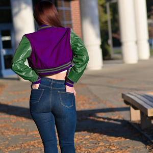 Veste courte universitaire pour femme, style Letterman, veste bomber, manches en similicuir, vêtements d'extérieur décontractés, mode féminine, violet et vert - Product Image 6