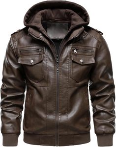 Men's Brown PU Leather Hooded Moto <b>Jacket</b> Zipper Front <b>Slim</b> <b>Fit</b> Autumn Style Windproof Regular Sleeve - Product Image 1